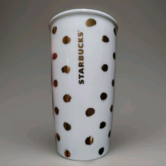 NOS 2014 Gold Polka Dot Starbucks Coffee Tumbler Mug Travel Ceramic W/Sip Top - Picture 1 of 8